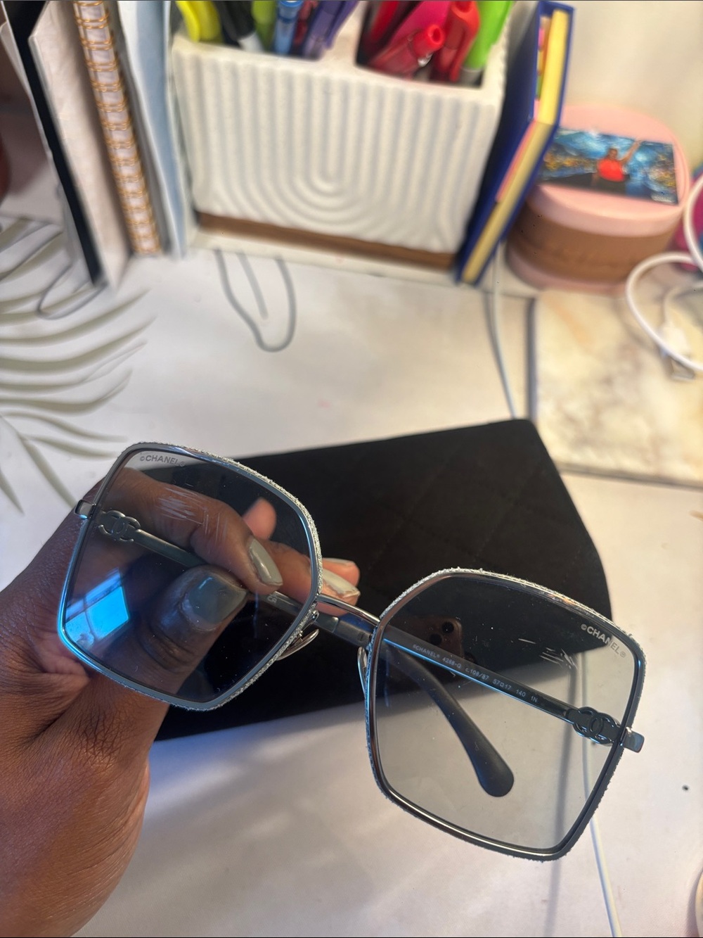 AUTHENTIC CHANEL Metal Oversized Square Sunglasses with Gray-Blue Lenses